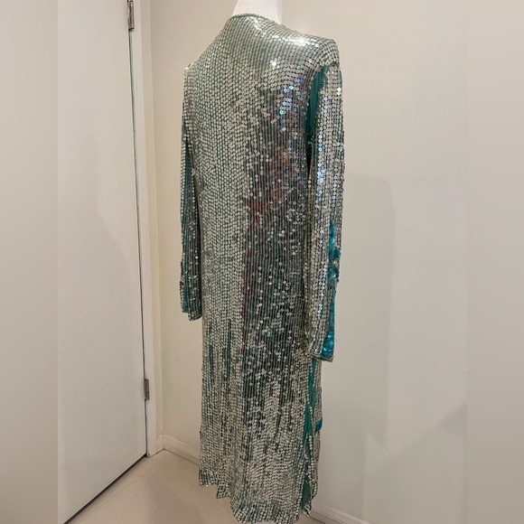 VINTAGE | SEQUIN SILK ART DECO PALM TREE MIAMI TROPICAL SILVER DISCO DRE… - Picture 6 of 15